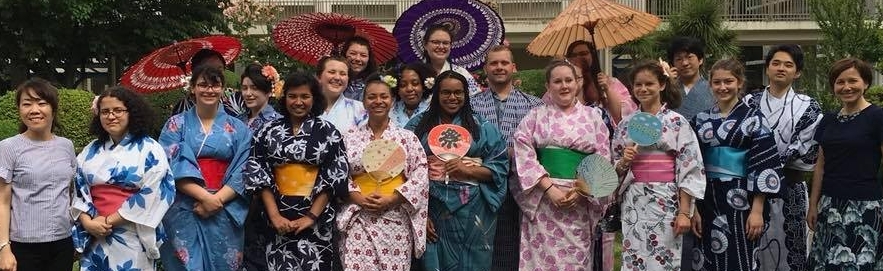 Asian Studies students abroad in japan with ladies in kimonos
