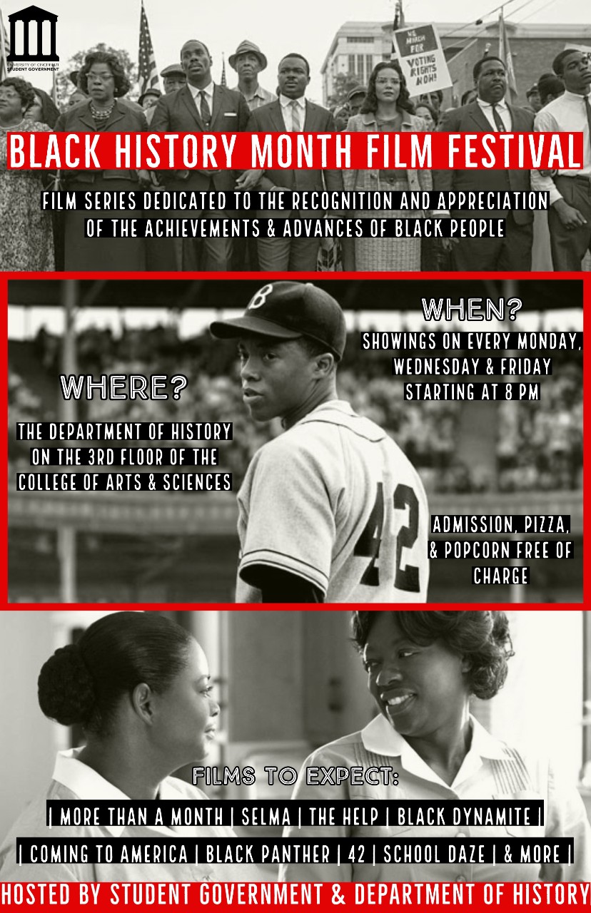 Flyer for the Black History Month Film Festival. Three images depict scenes from the films Selma, 42, and The Help