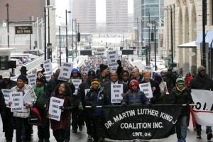 Photograph of M.L.K. Day marchers in downtown Cincinnati.