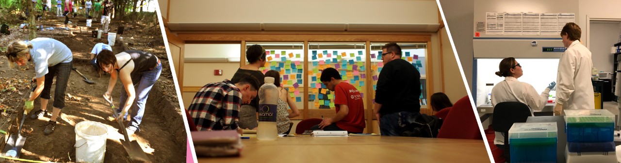 Banner image split in thirds, first panel showing an anthropology digsite, second panel showing a classroom with a wall of post it notes, third panel showing researchers in a lab
