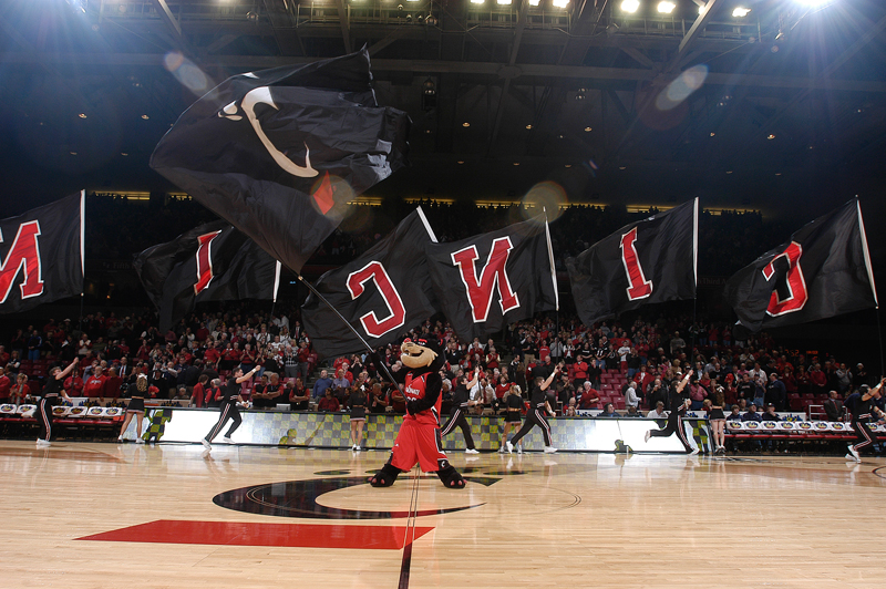bearcat with flags at a men's basketball game