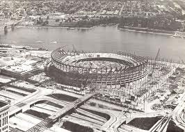 Old photo of riverfront of the stadium being built
